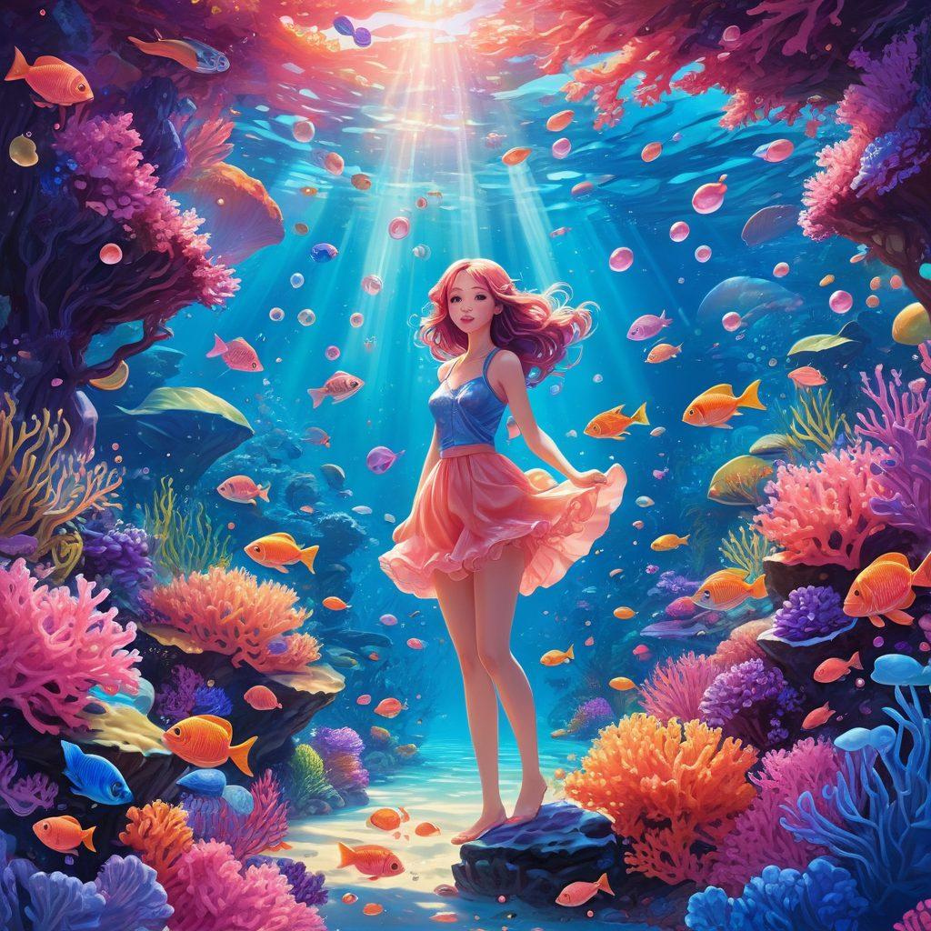 A colorful, artistic representation of a whimsical underwater scene featuring anime-style characters exploring a vibrant coral reef. Include elements of playful sensuality, such as flirtatious poses and expressive faces. The background should be filled with exotic fish and bubbles, adding to the enchanting atmosphere. The color palette should be bright and eye-catching, with emphasis on blues, pinks, and purples. vector art. vibrant colors.