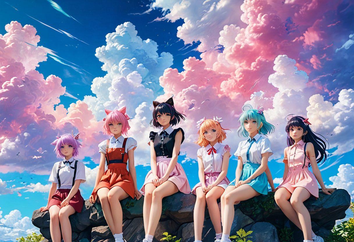 A vibrant fusion of whimsical pastel colors blending into bold, striking hues, showcasing a diverse array of characters from both dreamy and raunchy anime styles. Include elements like ethereal clouds, playful expressions, and suggestive poses scattered throughout the composition, creating a contrast between innocence and allure. The background can feature stylized, abstract shapes that enhance the dreamlike quality of the scene. dreamy and vibrant. anime style. 3D.