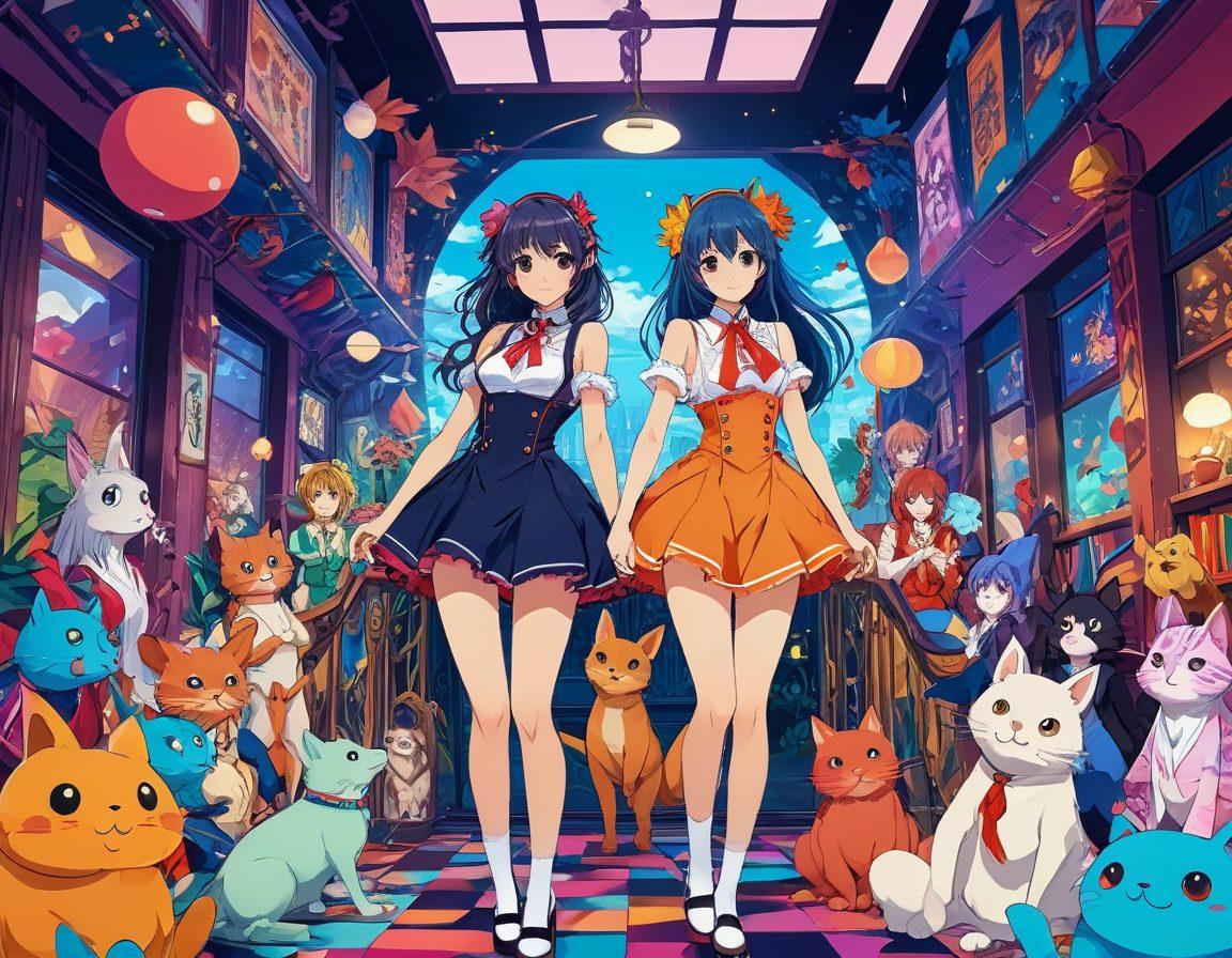 A whimsical, colorful portrayal of a vibrant adult anime world, featuring diverse characters exploring various fantasies and fetishes in a lively setting. Include elements of freedom and expression, with imaginative costumes, and a playful atmosphere. Incorporate hints of eroticism blended with humor to highlight the quirky side of adult anime. The background should be filled with abstract shapes and playful motifs to enhance the adventurous tone. vibrant colors. digital art. fantasy style.
